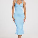 Satiinist Sweetheart Bustier Fishtail Midaxi Kleit Pulber Sinine