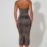 Kihtidega Halterneck Bodycon Midi Kleid Leopardimustriga