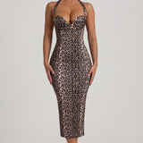 Kihtidega Halterneck Bodycon Midi Kleid Leopardimustriga