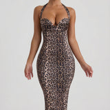 Kihtidega Halterneck Bodycon Midi Kleid Leopardimustriga