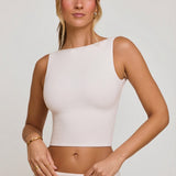 Valge kõrge kaelusega avatud seljaga crop top