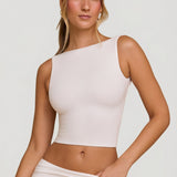 Valge kõrge kaelusega avatud seljaga crop top