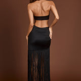Fringed Plunge-Neck Maxi Kleid mustas