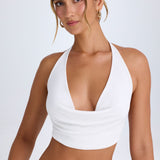 Valge Cowl-Front Halterneck Crop Top
