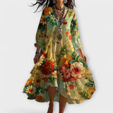 Marina - Vintage Boho Lillene Muster V-kaelusega Kleid
