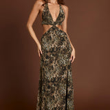 Plunge Cut-out Maxi Kleid leopardimustris