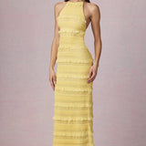 Kortsitud Seljatu Backless Halterneck Maxi Kleid Lemon Kollane