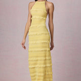 Kortsitud Seljatu Backless Halterneck Maxi Kleid Lemon Kollane
