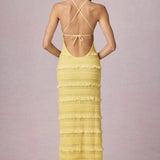 Kortsitud Seljatu Backless Halterneck Maxi Kleid Lemon Kollane