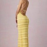 Kortsitud Seljatu Backless Halterneck Maxi Kleid Lemon Kollane