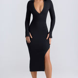 Must Modal Plunge V-kaelusega Midaxi Kleid