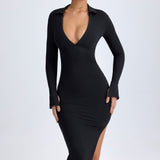 Must Modal Plunge V-kaelusega Midaxi Kleid